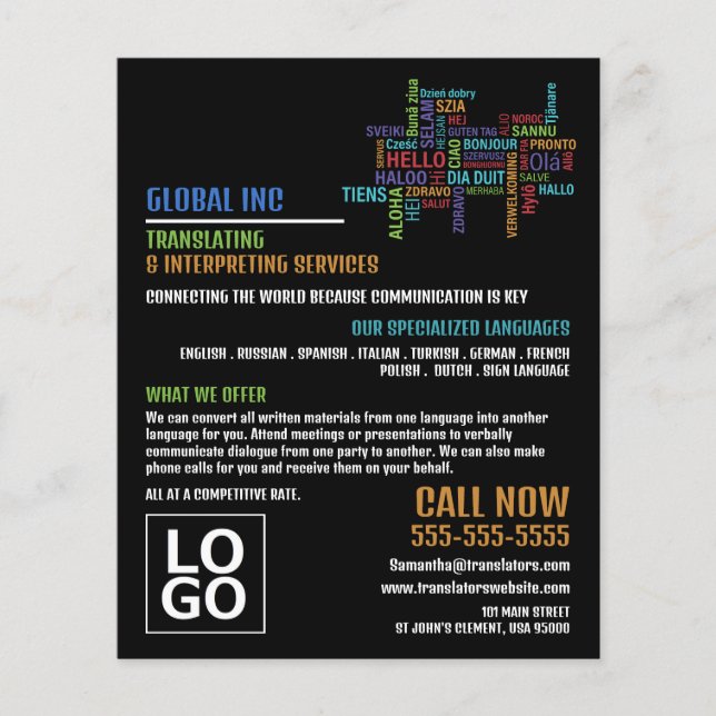Hello Logo, Translator & Interpreter Flyer (Front)