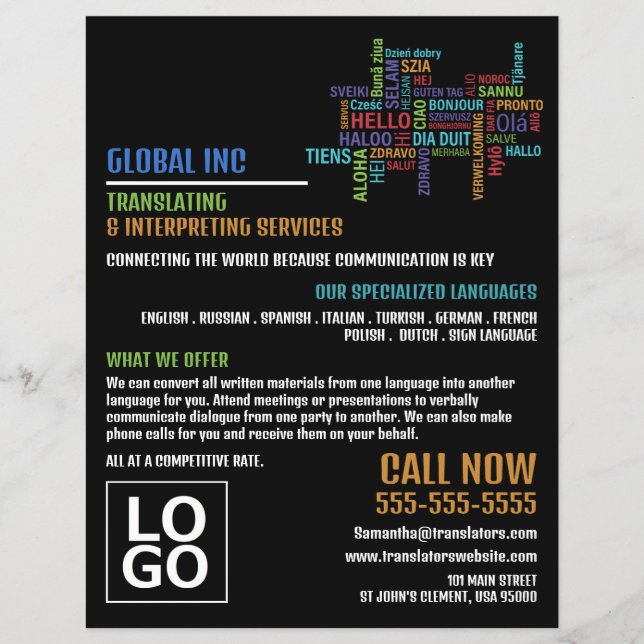 Hello Logo, Translator & Interpreter Flyer (Front)
