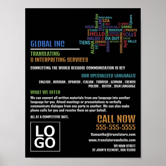 Hello Logo, Translator & Interpreter Poster (Front)