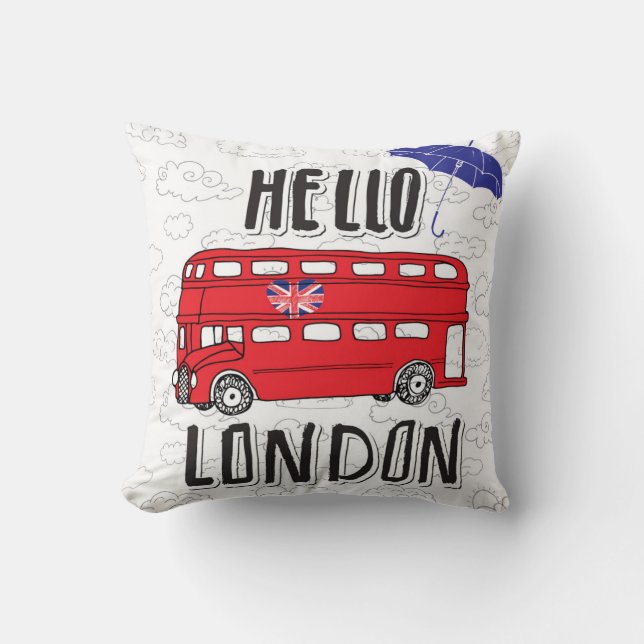 Hello London | Hand Lettered Sign With Umbrella Throw Pillow (Front)