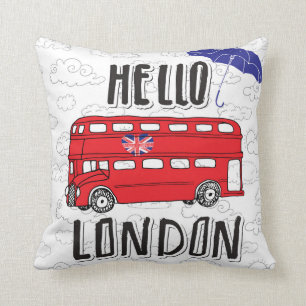 Hello London Hand Lettered Sign With Umbrella Throw Pillow
