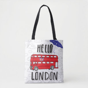 Hello London   Hand Lettered Sign With Umbrella Tote Bag