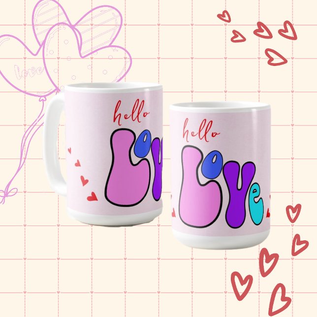 "Hello Love" Retro 70's style font Red hearts Coffee Mug (Creator Uploaded)