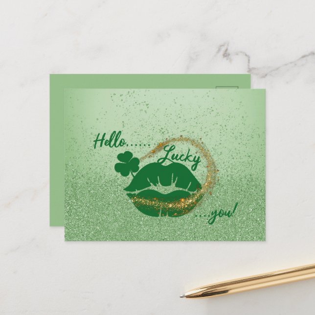 Hello Lucky you!  St. Patrick's Day Green Lips Postcard (Front/Back In Situ)