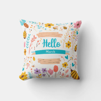 Hello March Floral Design for Spring Throw Pillow
