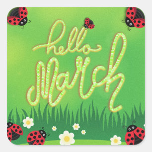 Hello march with ladybug minimalist green square sticker