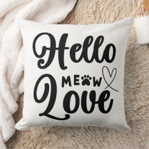 Hello Meow Love, Cute Cat Paws Heart Throw Pillow