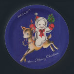 Hello! Merry Christmas snowman on reindeer Paper Plate<br><div class="desc">Here we have a super sweet vintage Christmas image, whilch also appears on cards, wrapping paper, gift bags, stickers, and gift tags, as well as party napkins. party plates, and coasters. Note that my shop has oodles more vintage and antique Christmas images on all of the foregoing! Wanna see more...</div>