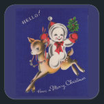 Hello! Merry Christmas snowman on reindeer Square Sticker<br><div class="desc">Here we have a super sweet vintage Christmas image, which also appears on gift bags, wrapping paper, tissue paper, and gift tags, as well as party plates and napkins AND coasters. Note that my shop has many more vintage and antique Christmas images appearing on all of the foregoing! Wanna see...</div>