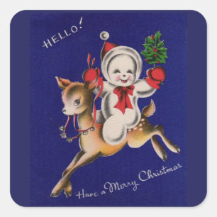 Hello! Merry Christmas snowman on reindeer Square Sticker