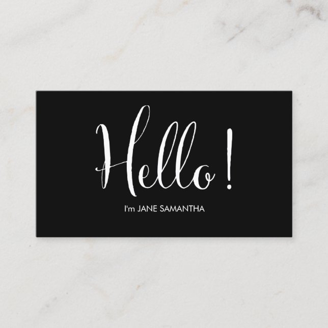 Hello! Minimalist Black Business Card (Front)