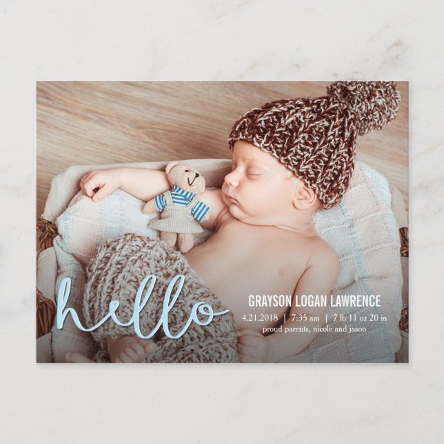 HELLO Modern Birth Announcement Postcard (Front)