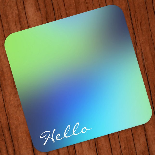 Hello modern holographic blue green turquoise square paper coaster (Hologram gradient design )