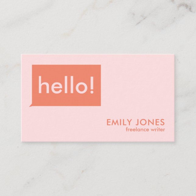 Hello Modern Minimalist Pink Orange Business Card (Front)