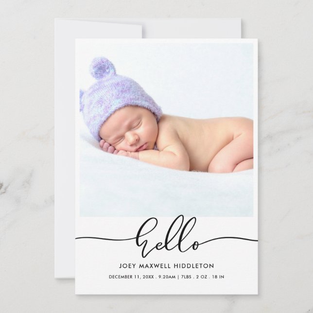 Hello Modern Script Birth Announcement (Front)