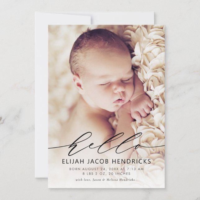 Hello Modern Script Birth Announcement (Front)