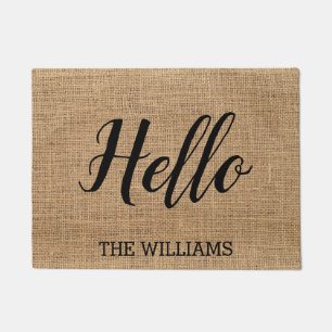 Hello Modern Typography Rustic Custom Family name Doormat