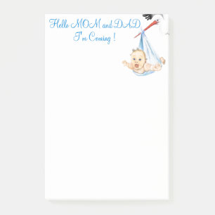 Hello MOM and DAD I'm Coming Stork Carrying Baby Post-it Notes