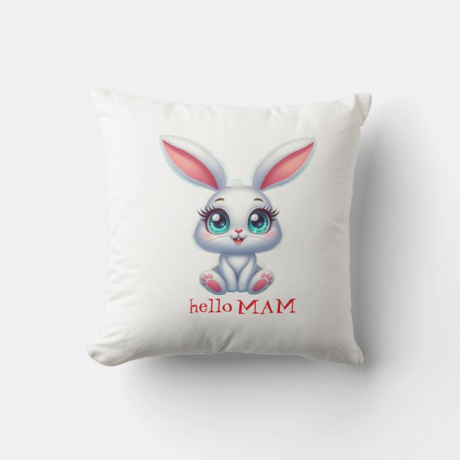 Hello Mom Pillow – Cute Bunny Nursery Cushion (Front)