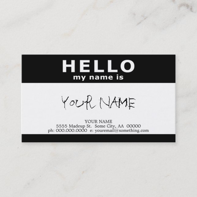 hello my name is : black and white business card (Front)
