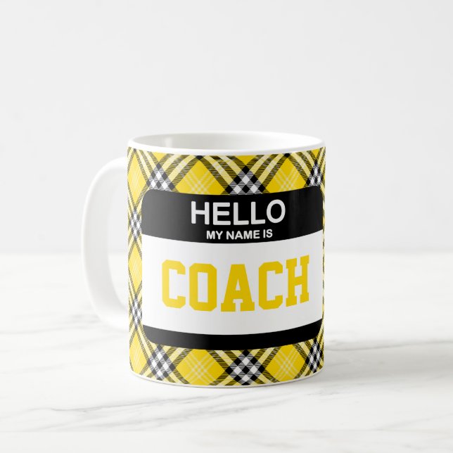 Hello My Name is COACH Name Tag Black Gold Plaid  Coffee Mug (Front Left)