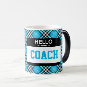 Hello My Name Is COACH Nametag Sports Blue Plaid Magic Mug