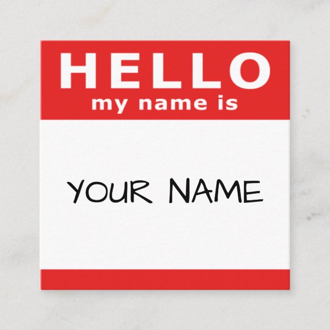 hello my name is in red square square business card (Front)