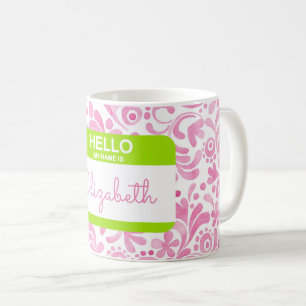 Hello My NAME Is Nametag Watercolor Art Pink Green Coffee Mug