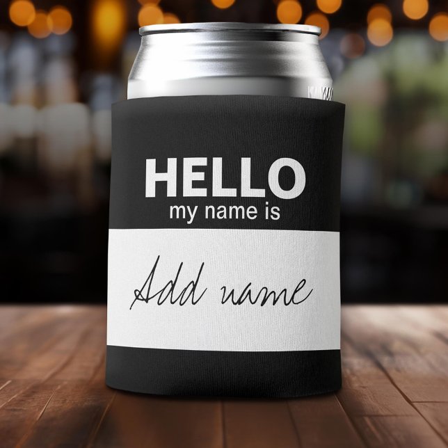 Hello my name is - personalized black white can cooler (Custom Can Cooler with Logo)