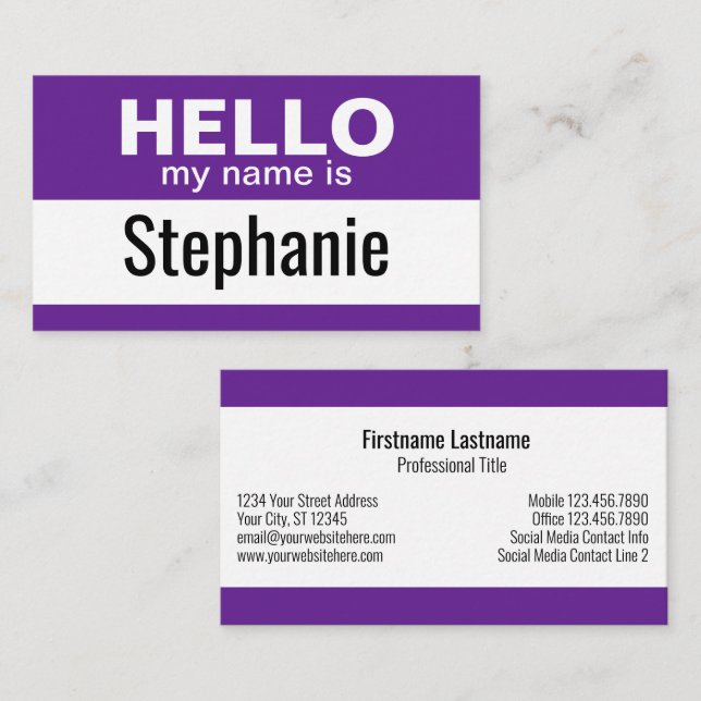 Hello my name is - Purple - Business Contact Info Business Card (Front/Back)
