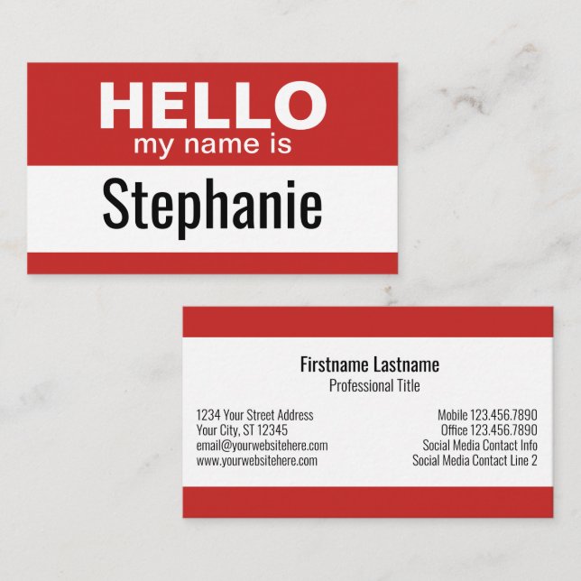 Hello my name is - red - Business Contact Info Card (Front/Back)