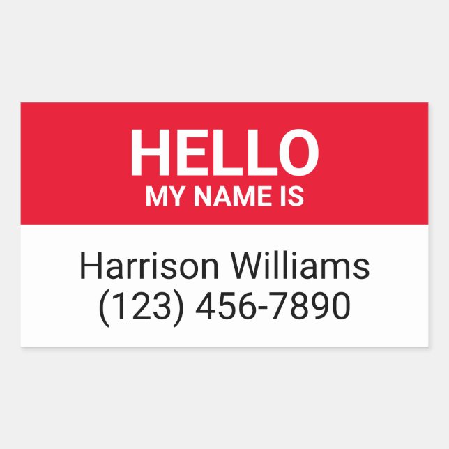 Hello my name is red & white custom name id badge sticker (Front)