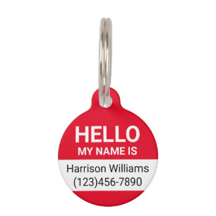 Hello my name is red white custom name modern cute pet tag