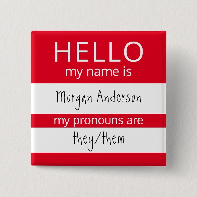 HELLO Name and Pronouns Badge 2 Inch Square Button (Front)