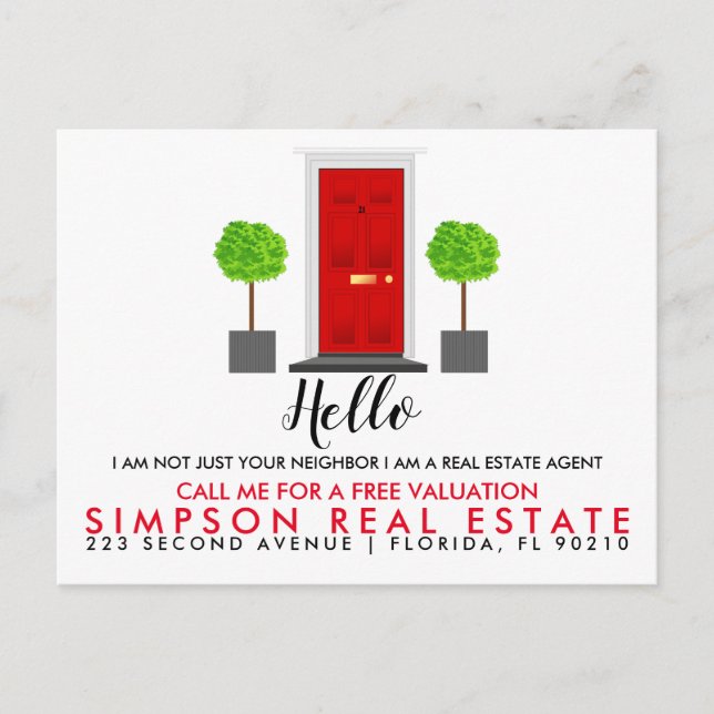 Hello Neighbor Red Door real estate client Announcement Postcard (Front)