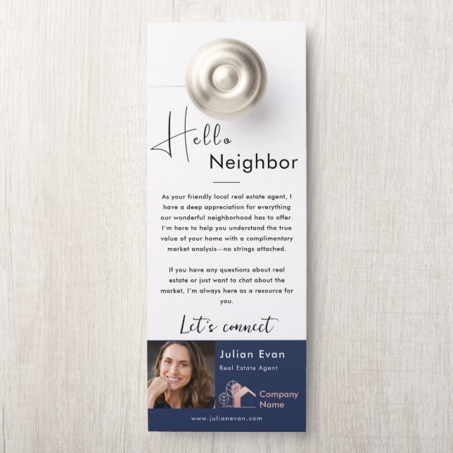 Hello Neighbour Real Estate Marketing Navy Blue Door Hanger (On Knob)