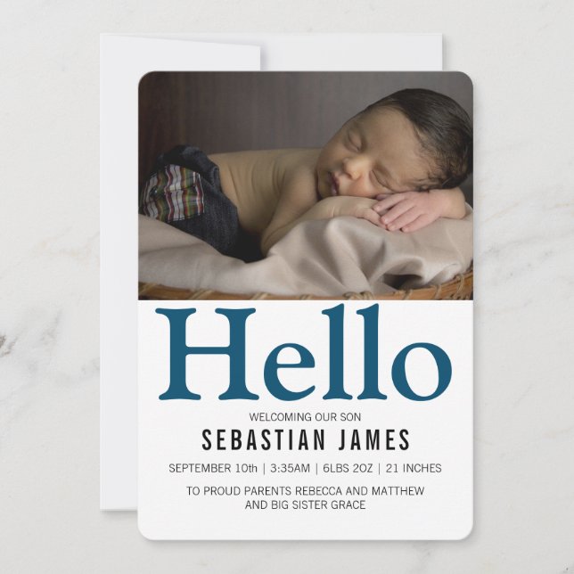 Hello New Baby Blue Personalized Announcement (Front)