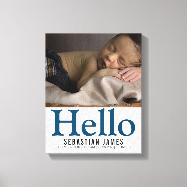 Hello New Baby Boy Personalized keepsake Canvas Print (Front)