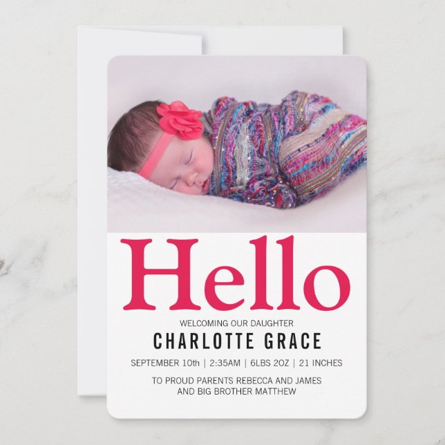 Hello New Baby Bright Pink Personalized Announcement (Front)