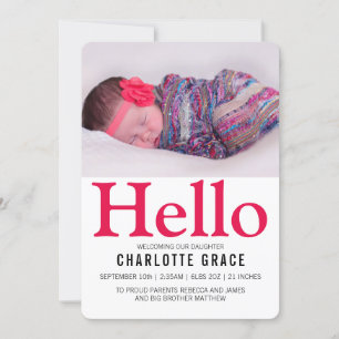 Hello New Baby Bright Pink Personalized Announcement