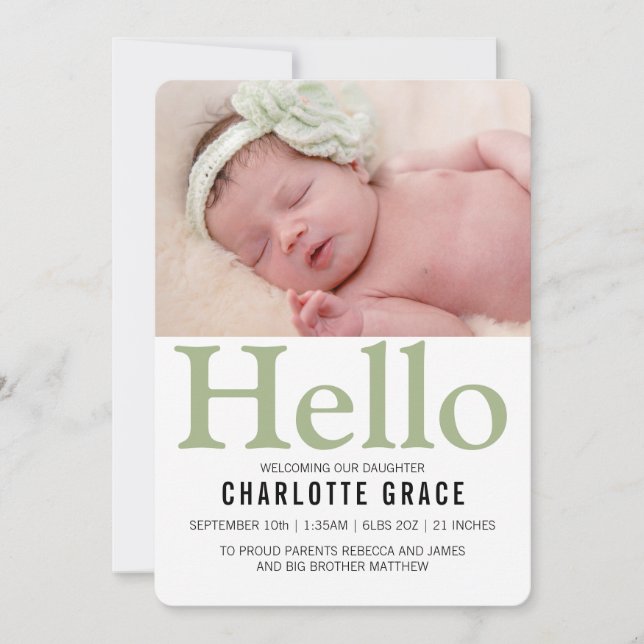 Hello New Baby Green Personalized Announcement (Front)