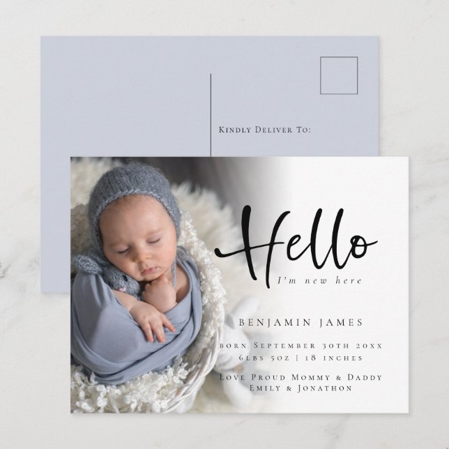 Hello New Baby Photo Blue Birth Announcement  Postcard (Front/Back)