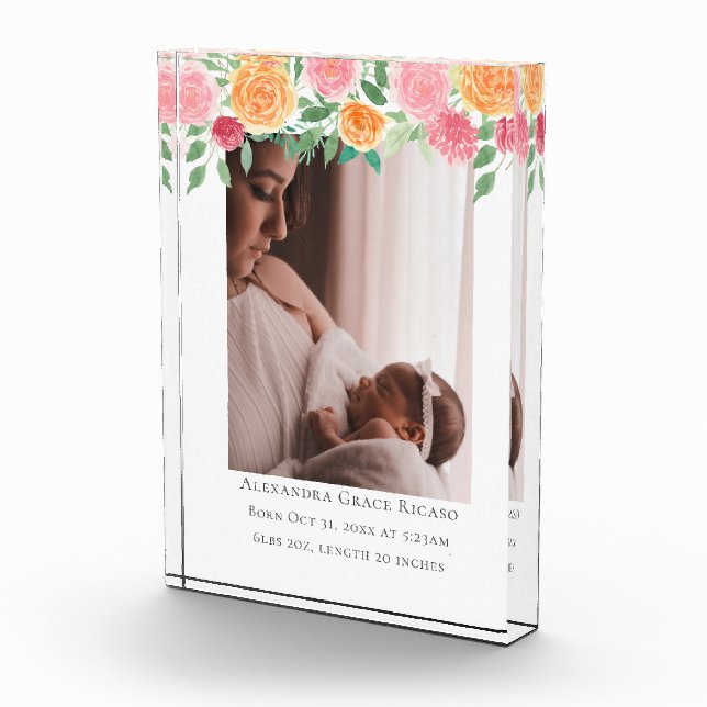 Hello New Baby Photo Personalized Pink Flowers (Right)