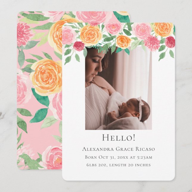 Hello New Baby Photo Personalized Pink Flowers Invitation (Front/Back)