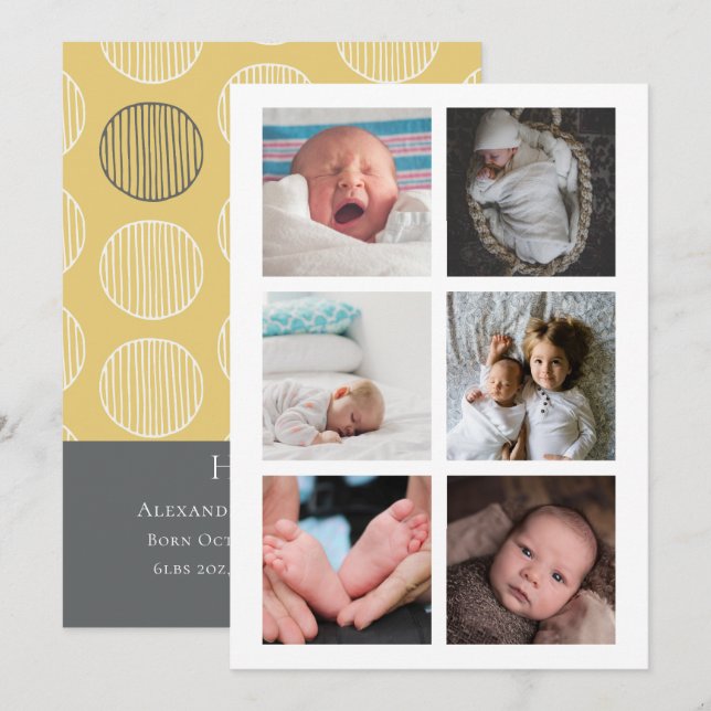 Hello New Baby Photo Personalized Yellow Grey Invitation (Front/Back)