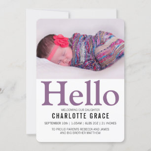 Hello New Baby Purple Personalized Announcement