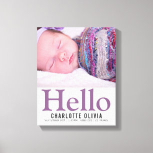 Hello New Baby Purple Themed Personalized keepsake Canvas Print