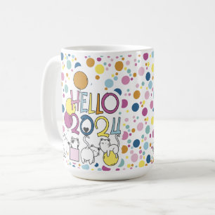 Hello New Year 2024 With Playing Cats Coffee Mug