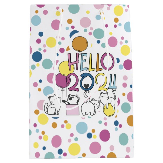 Hello New Year 2024 With Playing Cats Medium Gift Bag (Front)