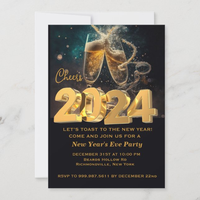 Hello New Year Black Gold Modern Custom Add Year  Invitation (Front)